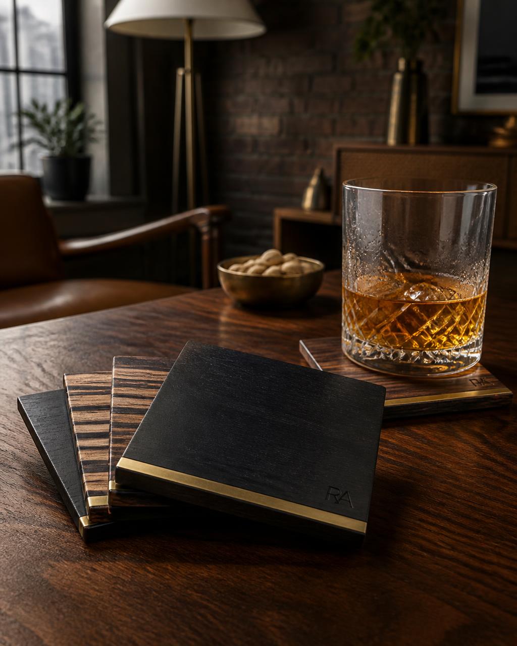 Workshop Coaster Set — Wenge · Zebrawood · Brass inlay