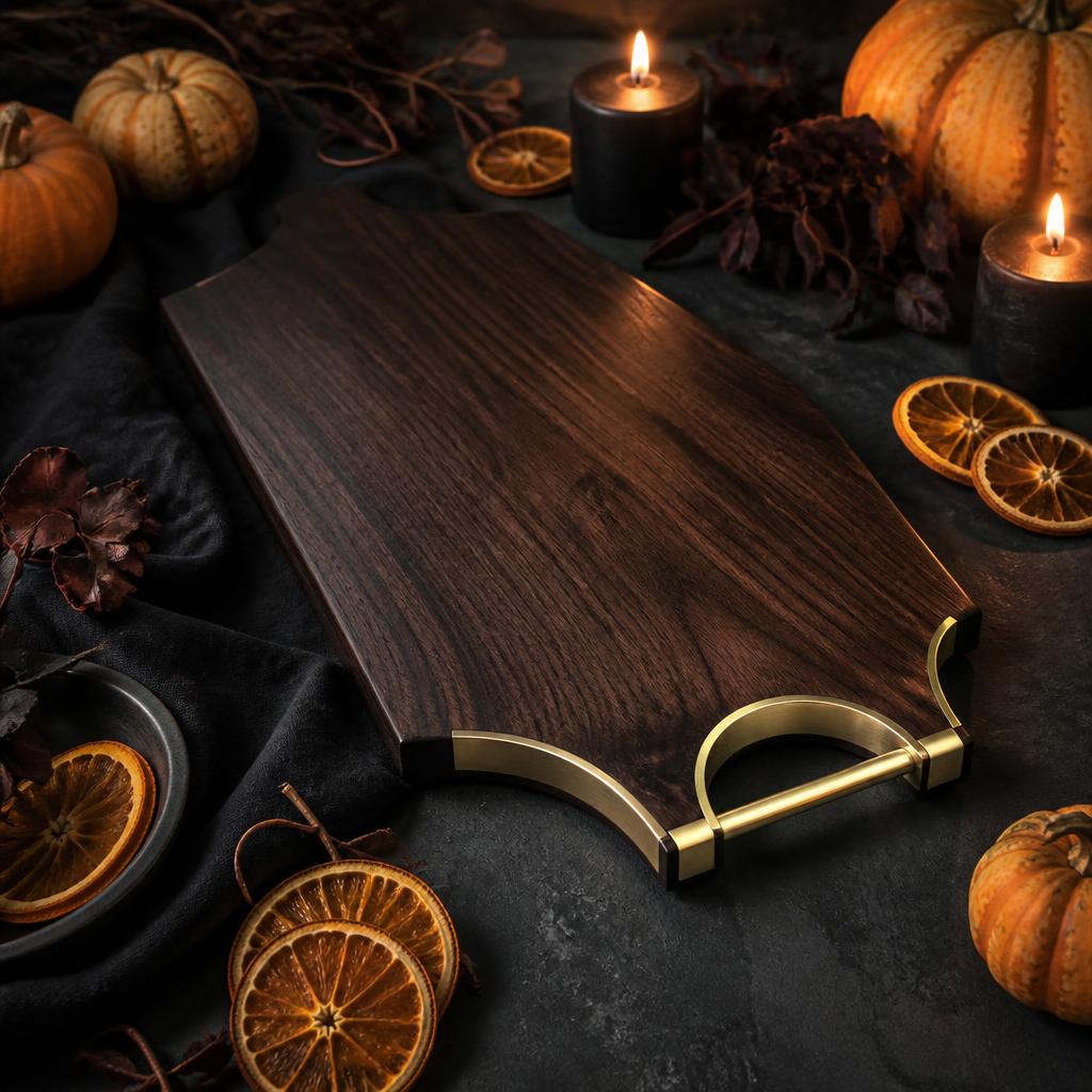 Nightfall Serving Board — Ebonized walnut · Solid brass handle inlay