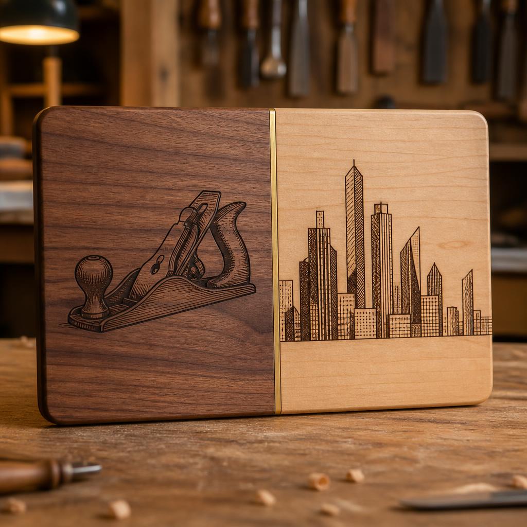 Old School / New School Engraved Board — Black walnut · Hard maple · Brass divider · Laser engraved