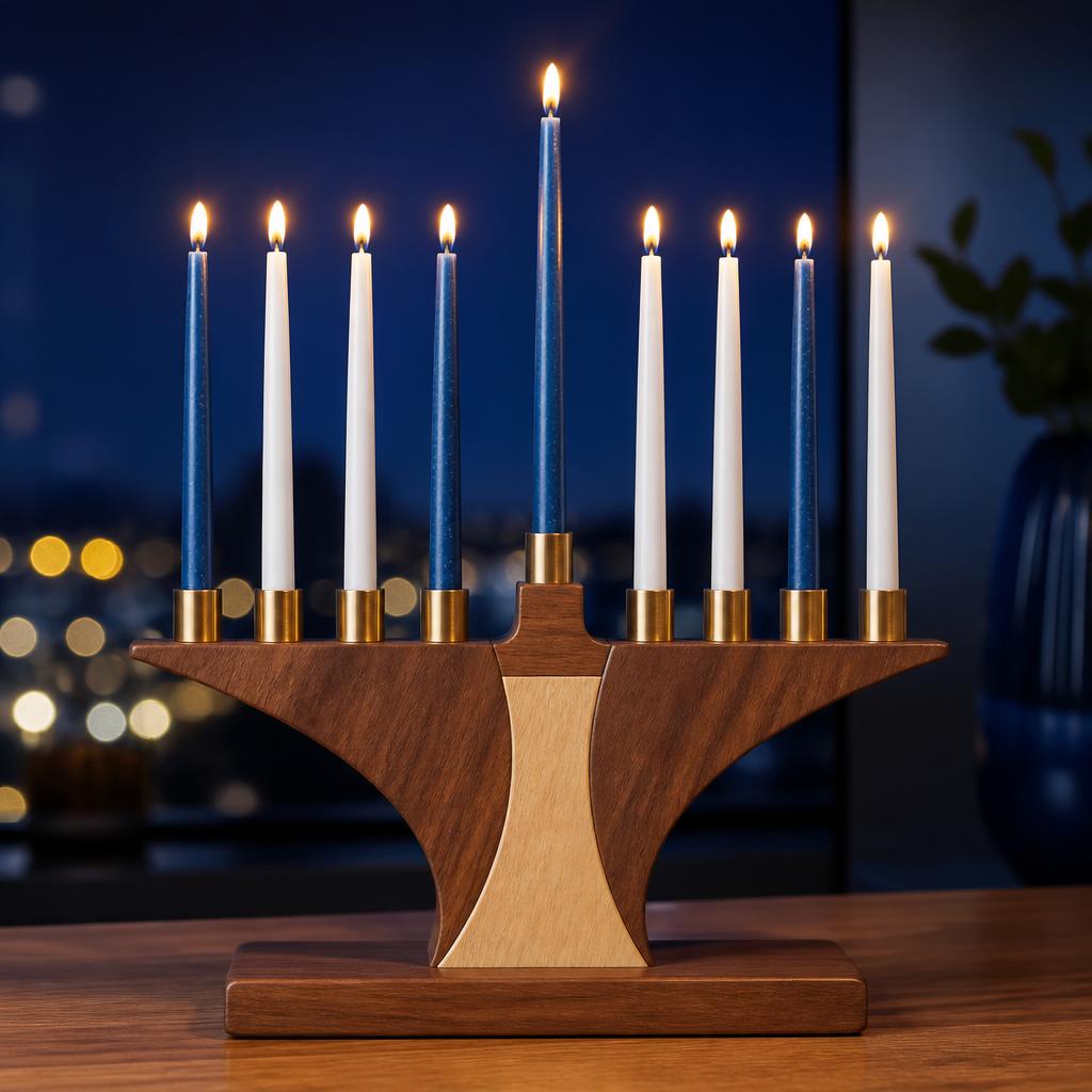Festival of Lights Menorah — Black walnut · Maple · Nine solid brass cups