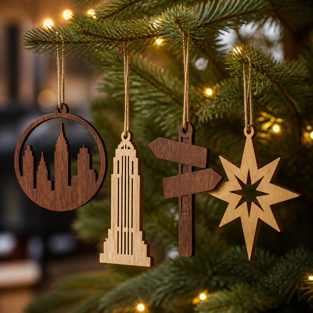 Atlanta Skyline Ornament Set — Walnut · Maple · Waxed cotton cord